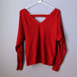 Women's Pink Rose Sweater Red V-Neck Slouchy Knit Pullover Open Back Small EUC